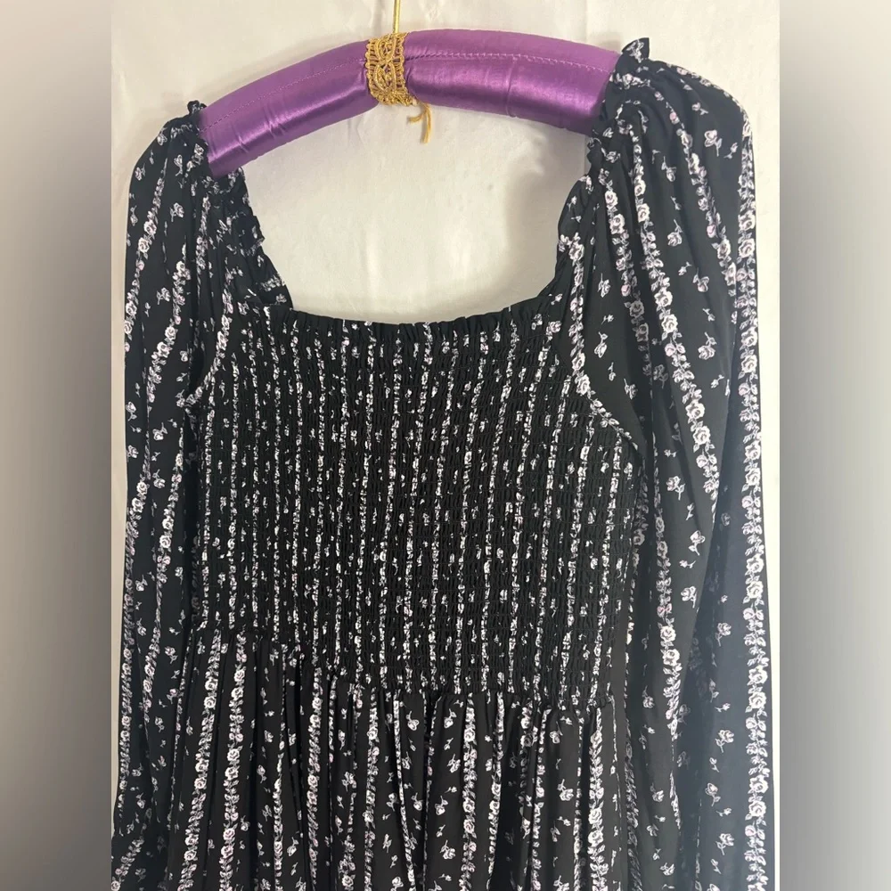 PAIGE Black Floral Long Sleeve Cottage-core Smock Bust Mini‎ Dress Size S